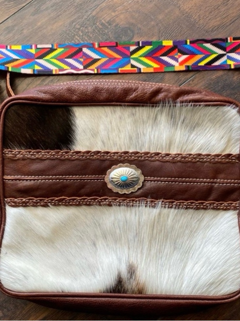 Brown Leather & White Cowhide Crossbody Bag with Turquoise Concho